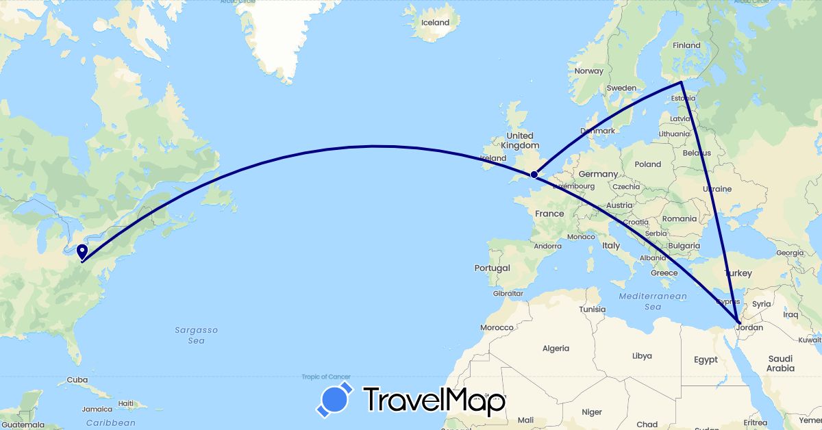 TravelMap itinerary: driving in Finland, United Kingdom, Israel, United States (Asia, Europe, North America)